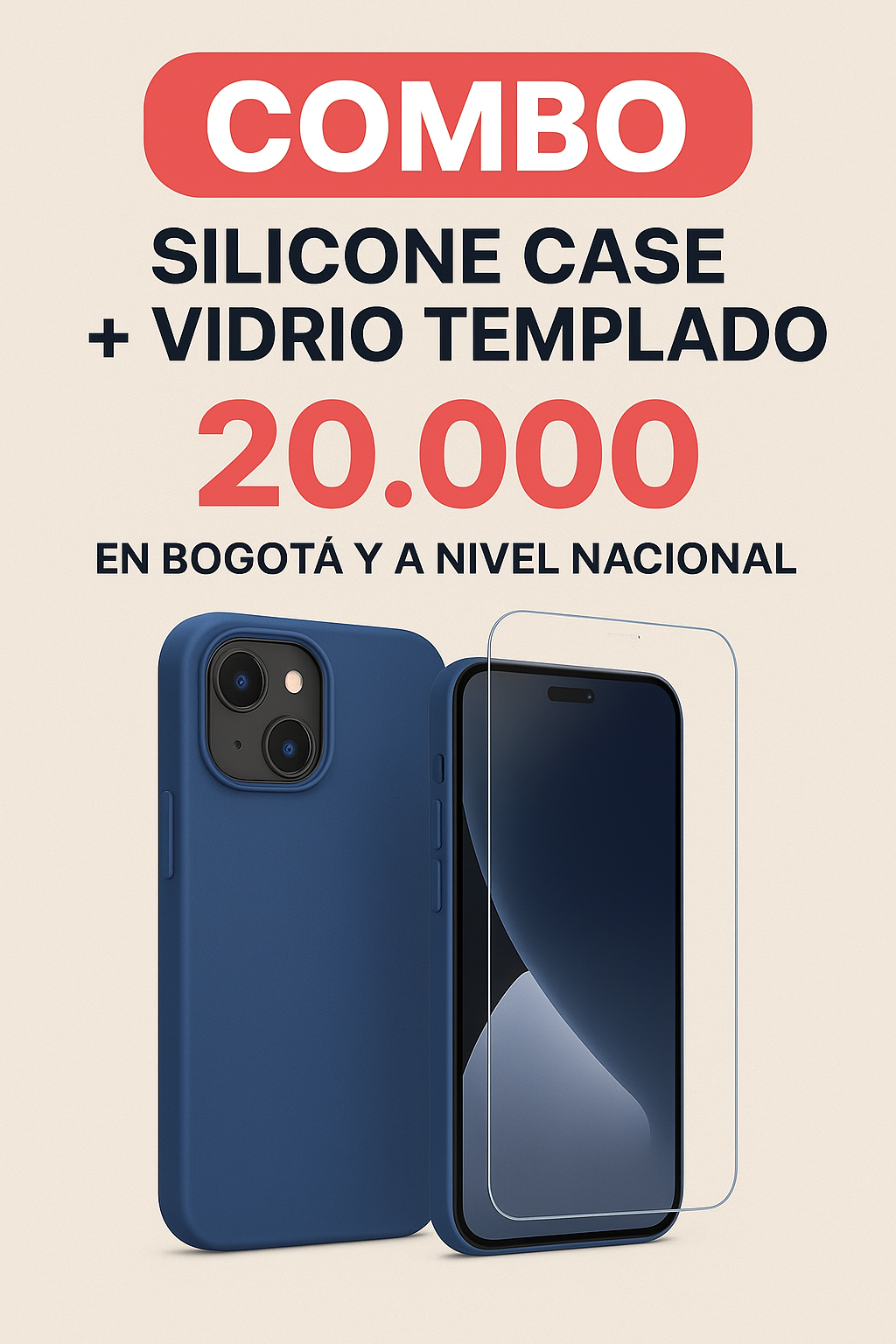Forro Silicona + Vidrio Templado Curvo UV iPhone 15 Plus Azul Oscuro